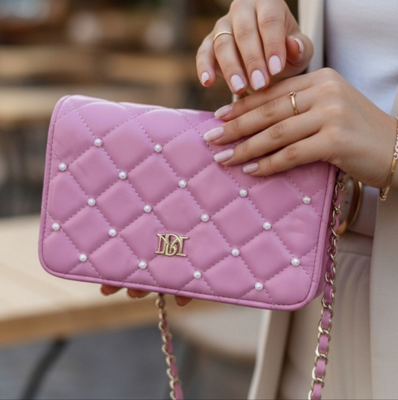 Badgley Mischka Diamond Quilted Crossbody Bag With Pearls Purple (New) - Picture 1 of 14